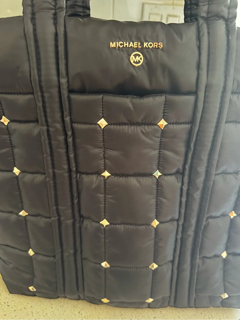 Michael Kors Black nylon Quilted Tote with Gold Stud Accents